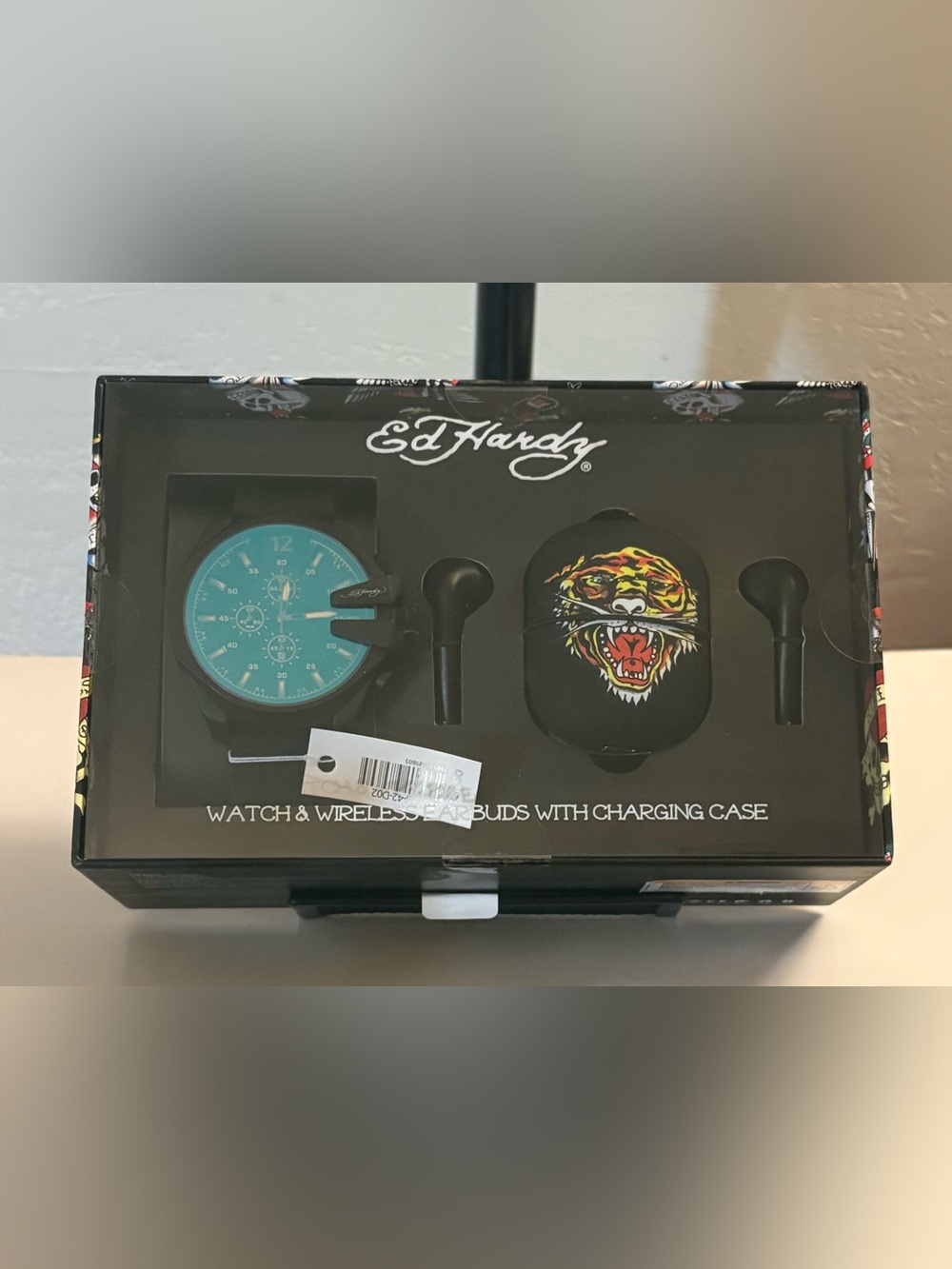 Ed Hardy Turquoise Dial Watch w/Black Tiger-Graphic Earbuds & Charging Case